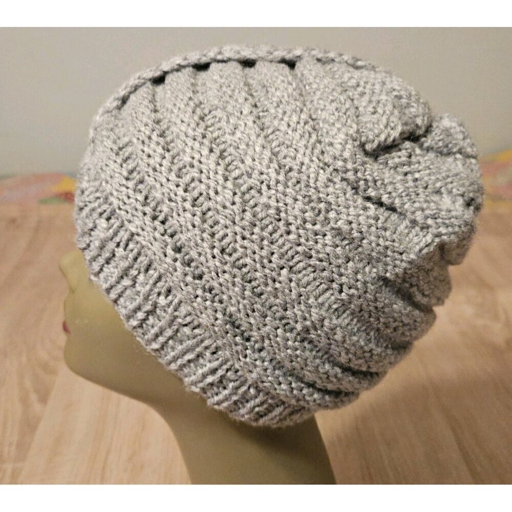 Hand-Made - Knitted Winter Beanie Gray Hat - One-Size Warm Womens